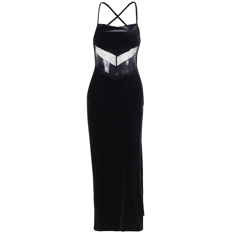 Instunning Black Slit European and American-Style Slip Dress