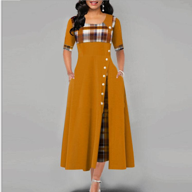 Women's Fashion Half Sleeve Plaid Print Button Detail Maxi Dress