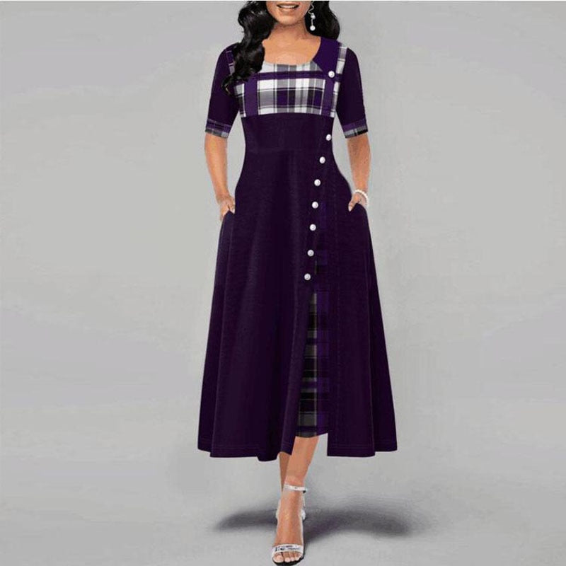 Women's Fashion Half Sleeve Plaid Print Button Detail Maxi Dress