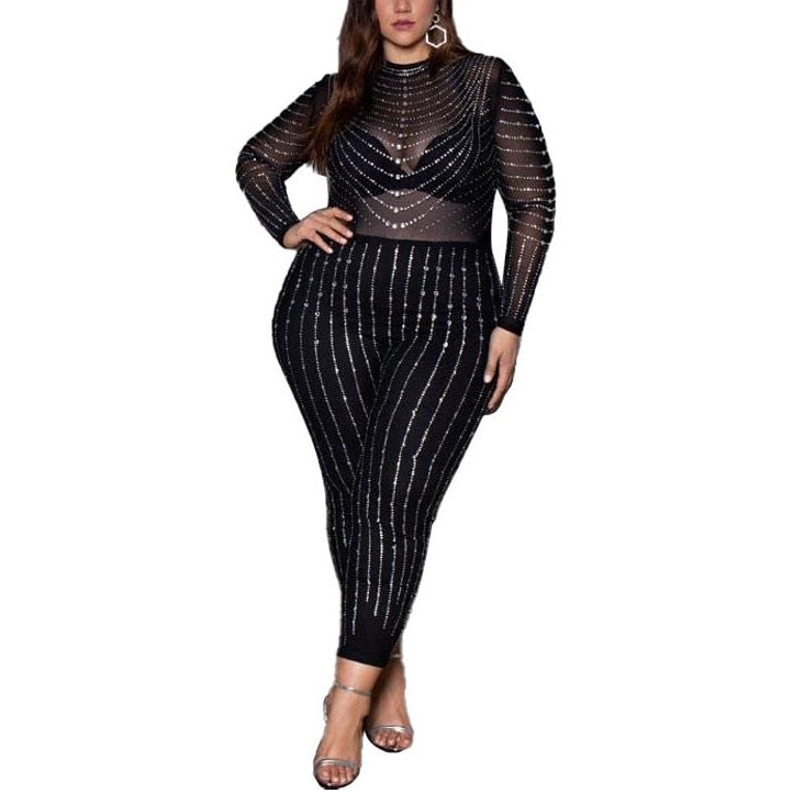 4XL 5XL Oversized Jumpsuits and Rompers for Women Large Full Sleeve Bodycon See Through Elegant Evening Night Party Club Wear