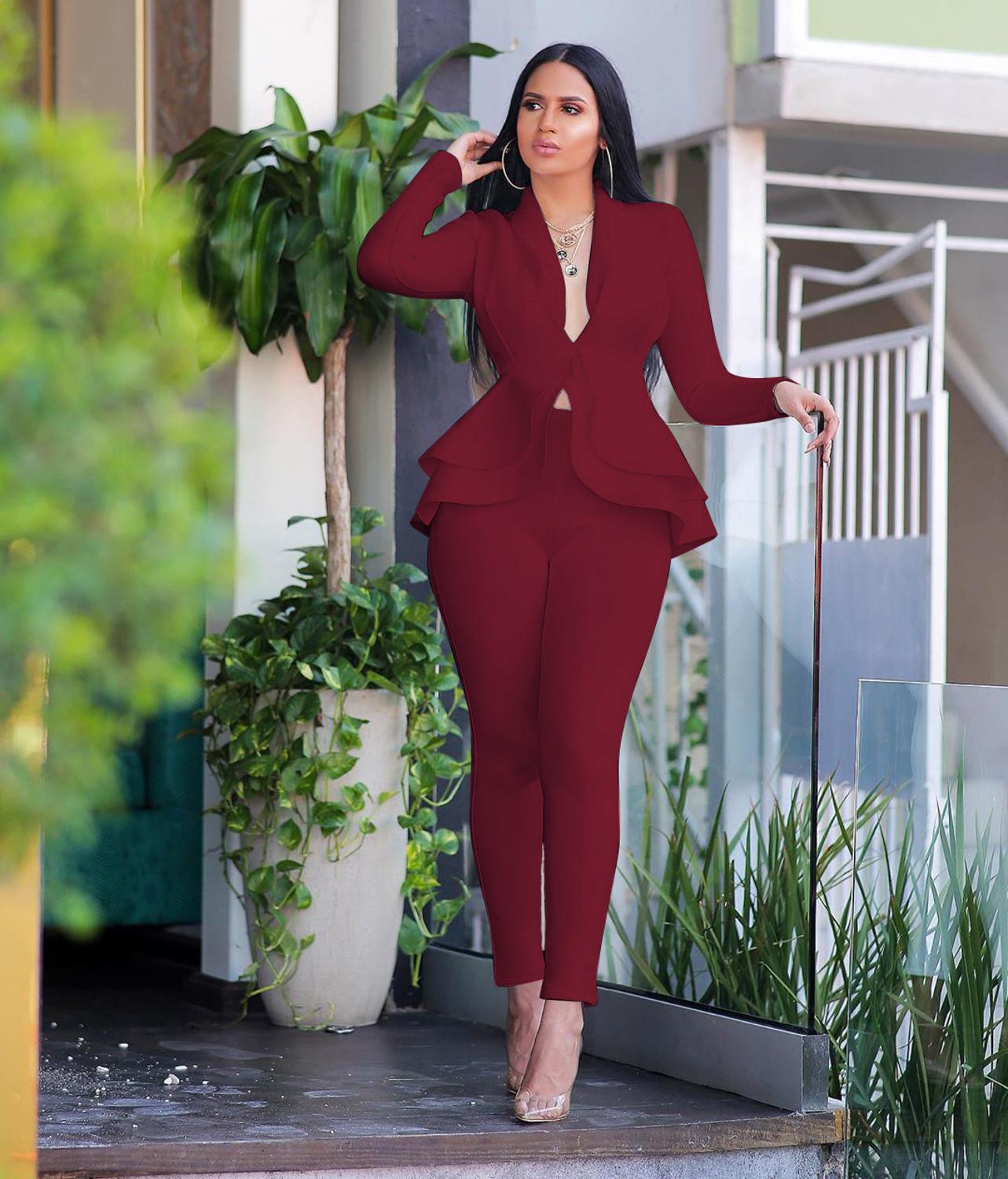 New Women Winter Women&#39;s Set Tracksuit Full Sleeve Ruffles Blazers Pencil Pants Suit Two Piece Set Office Lady Outfits Uniform