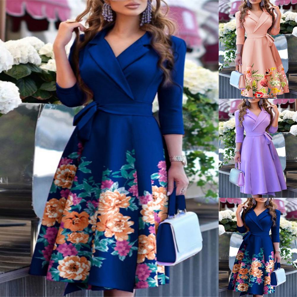 2023 New Spring Autumn Dress Elegant Lady Dress Set Printed Three Quarter Sleeve Colorful Casual Floral Lady Dress for Going Out