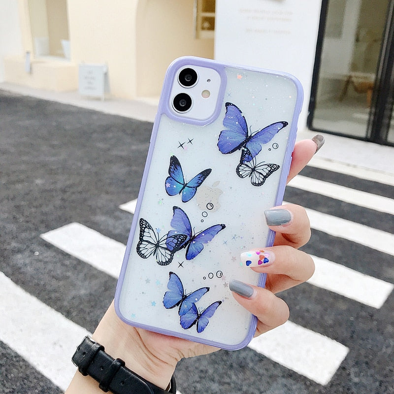 Butterfly Candy Glitter Phone Case For iPhone 11 12 13 14 Pro Max Mini XR XS Max 7 8 Plus X SE2022 Soft TPU Hard PC Back Bumper