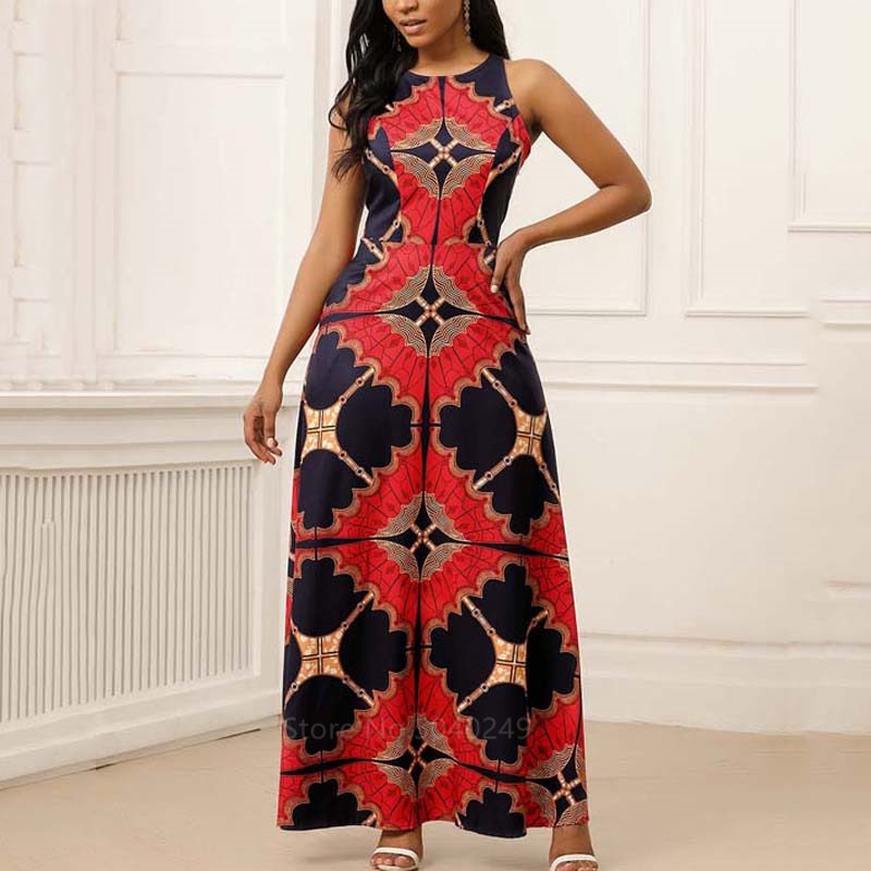 Clothes for Women Dashiki Print Dress European Clothing dress Bazin Rich Sleeveless Fashion Round Neck Maxi Vestido