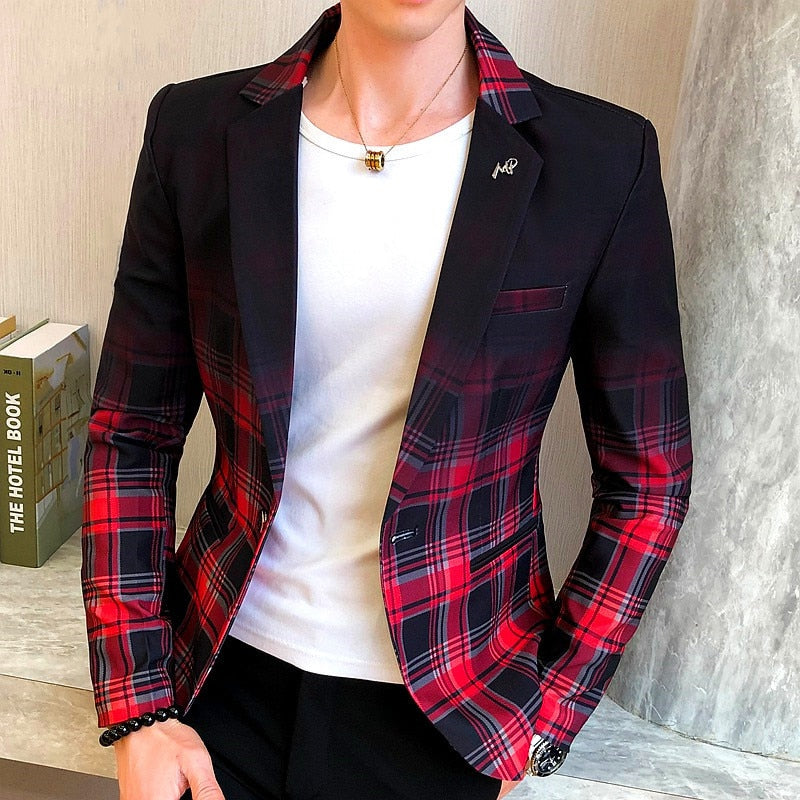 Men Blazer 2022 Spring New Colorblock Plaid Blazer Men Slim Casual Man Blazers Wedding Business Party Clothing Dress Men Coats