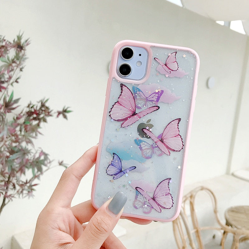 Butterfly Candy Glitter Phone Case For iPhone 11 12 13 14 Pro Max Mini XR XS Max 7 8 Plus X SE2022 Soft TPU Hard PC Back Bumper