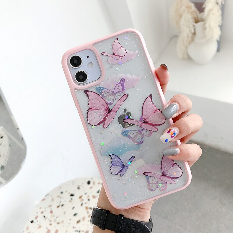 Butterfly Candy Glitter Phone Case For iPhone 11 12 13 14 Pro Max Mini XR XS Max 7 8 Plus X SE2022 Soft TPU Hard PC Back Bumper