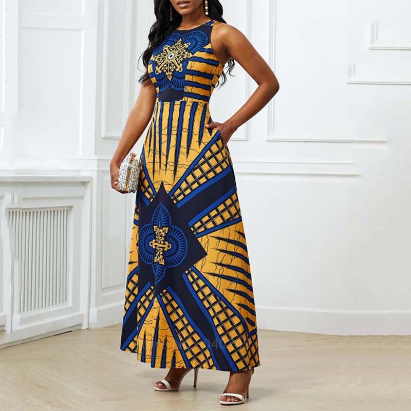 Clothes for Women Dashiki Print Dress European Clothing dress Bazin Rich Sleeveless Fashion Round Neck Maxi Vestido