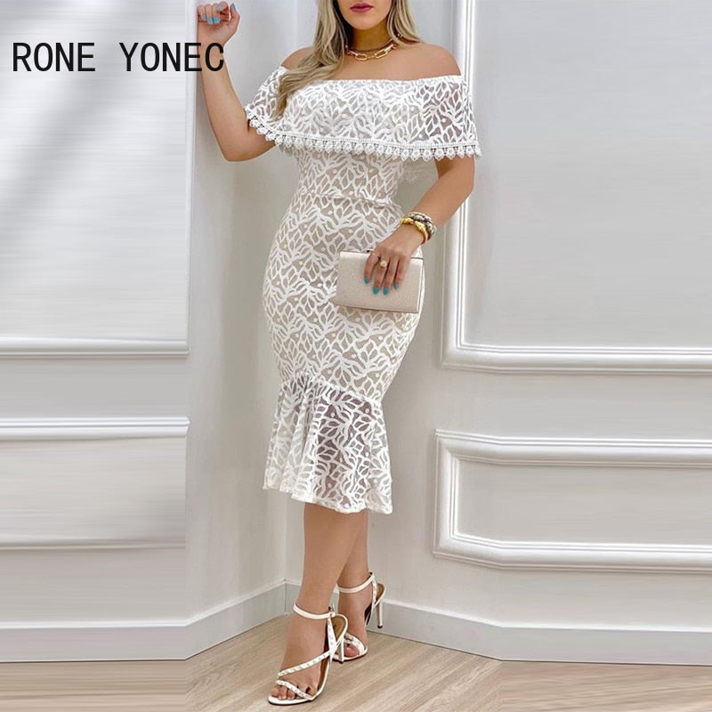 Women Solid Chic Off Shoulder Ruffle Hem Lace Hem Bodycon Sexy Formal Party Dress