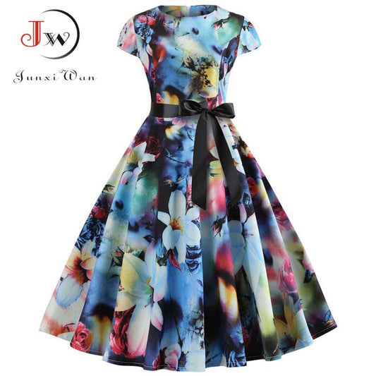 Women Vintage Dress Summer Floral Print Short Sleeve Dresses 50s 60s Office Party Rockabilly Swing Retro Pinup Plus Size