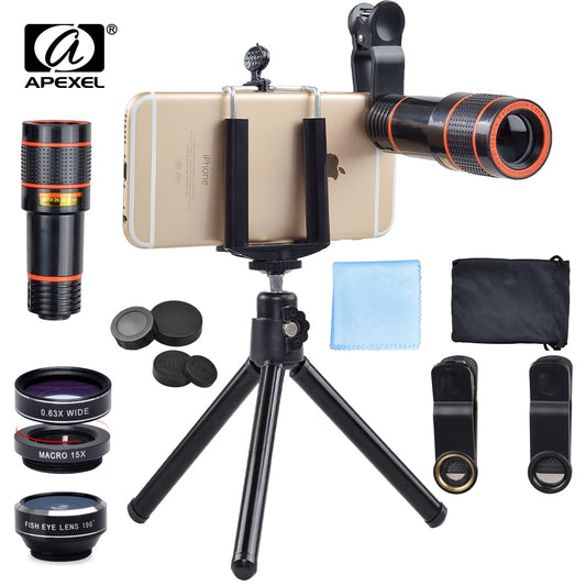 APEXEL 6 in 1 tripod 12X Zoom Telescope Fisheye Wide Angel Macro Lens Kit For All smartphone For iPhone Samsung Redmi Huawei