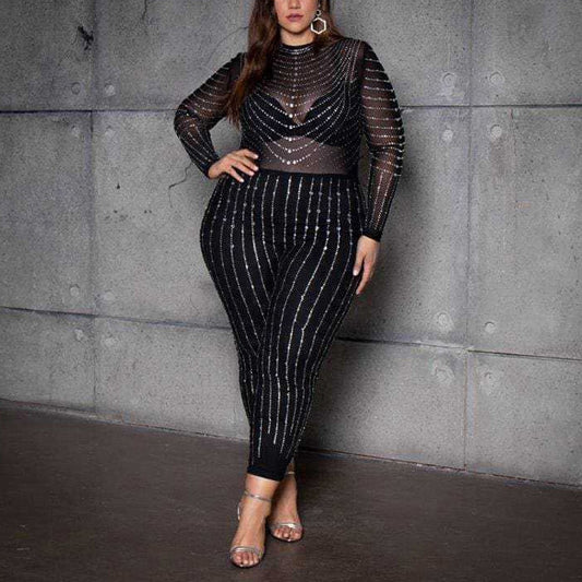 4XL 5XL Oversized Jumpsuits and Rompers for Women Large Full Sleeve Bodycon See Through Elegant Evening Night Party Club Wear