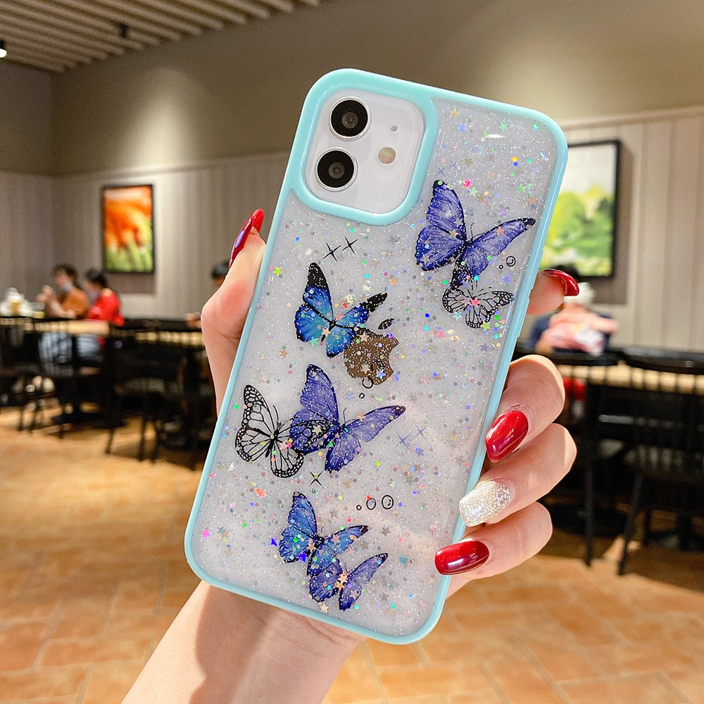 Butterfly Candy Glitter Phone Case For iPhone 11 12 13 14 Pro Max Mini XR XS Max 7 8 Plus X SE2022 Soft TPU Hard PC Back Bumper