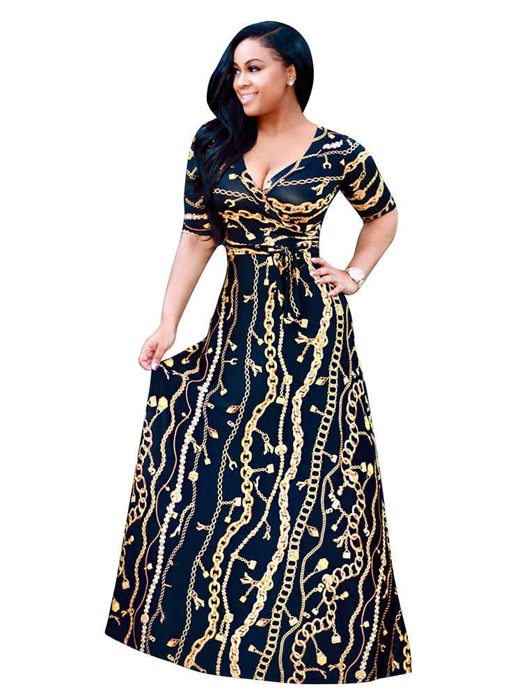 Indian Dress Sari 2020 New Cotton European Fashion Hot Golden Long Chain Pattern Printing Sleeve Nightclub Sexy Dress Skirt