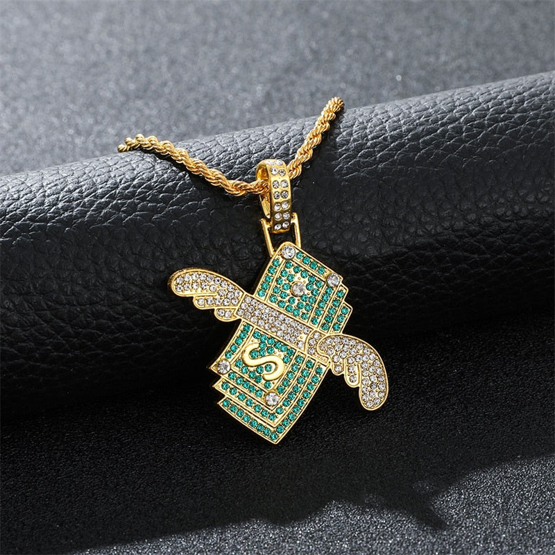 Flying Money Necklace Wings Cash Pendant Men&#39;s Jewelry Punk Hip Hop Rock Style Rap Dancer Handsome Guy Accessories Cool Gifts