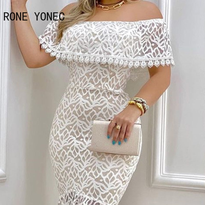 Women Solid Chic Off Shoulder Ruffle Hem Lace Hem Bodycon Sexy Formal Party Dress