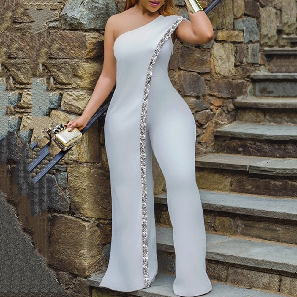 White One Shoulder Jumpsuits For Ladies Bodycon Floor Length Elegant 2022 Summer Evening Night Party Rompers &amp; Jumpsuits Clothes