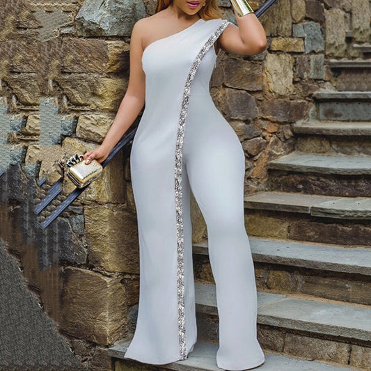 White One Shoulder Jumpsuits For Ladies Bodycon Floor Length Elegant 2022 Summer Evening Night Party Rompers &amp; Jumpsuits Clothes