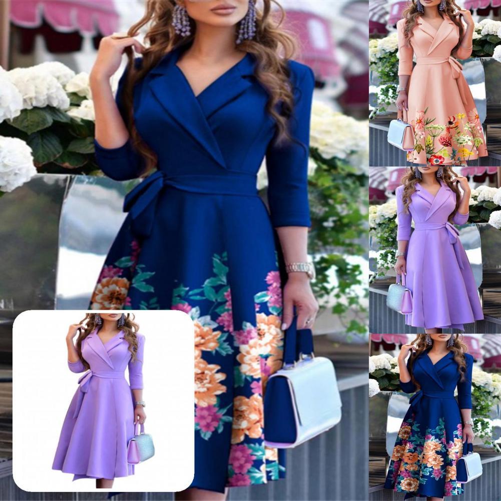 2023 New Spring Autumn Dress Elegant Lady Dress Set Printed Three Quarter Sleeve Colorful Casual Floral Lady Dress for Going Out