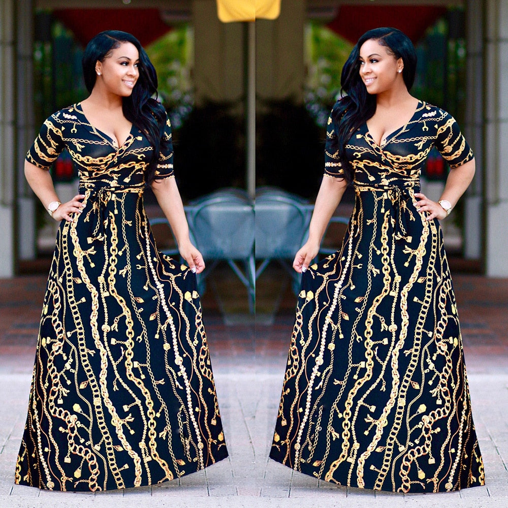 Indian Dress Sari 2020 New Cotton European Fashion Hot Golden Long Chain Pattern Printing Sleeve Nightclub Sexy Dress Skirt