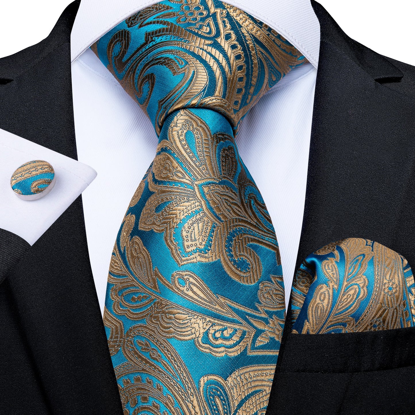 Men Tie Gold Blue Paisley Wedding Tie For Men Hanky Cufflinks Silk Men Tie Set Party Business Fashion DiBanGu Designer MJ-7249