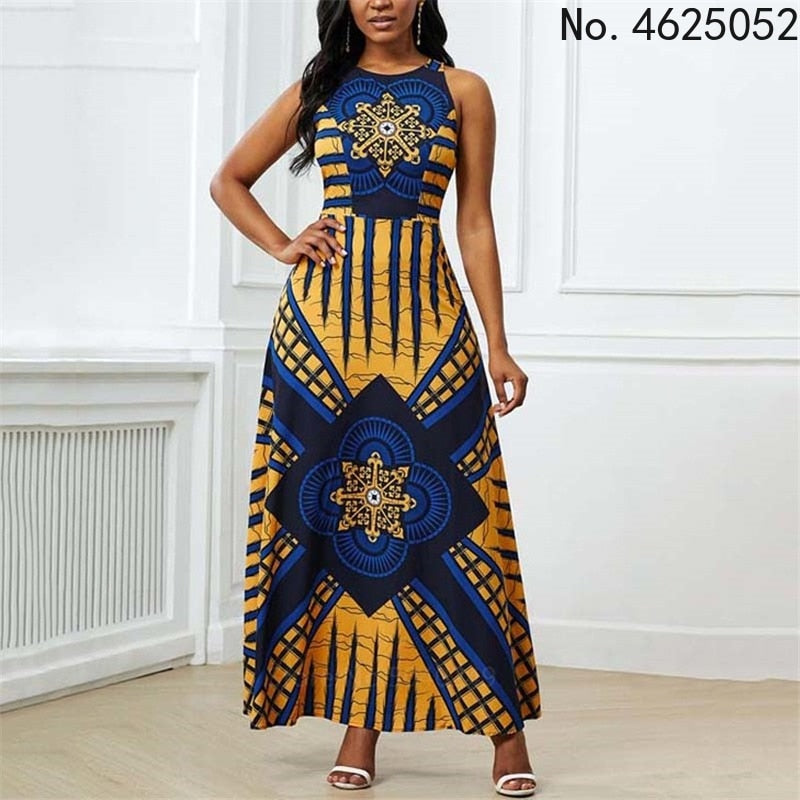 Clothes for Women Dashiki Print Dress European Clothing dress Bazin Rich Sleeveless Fashion Round Neck Maxi Vestido