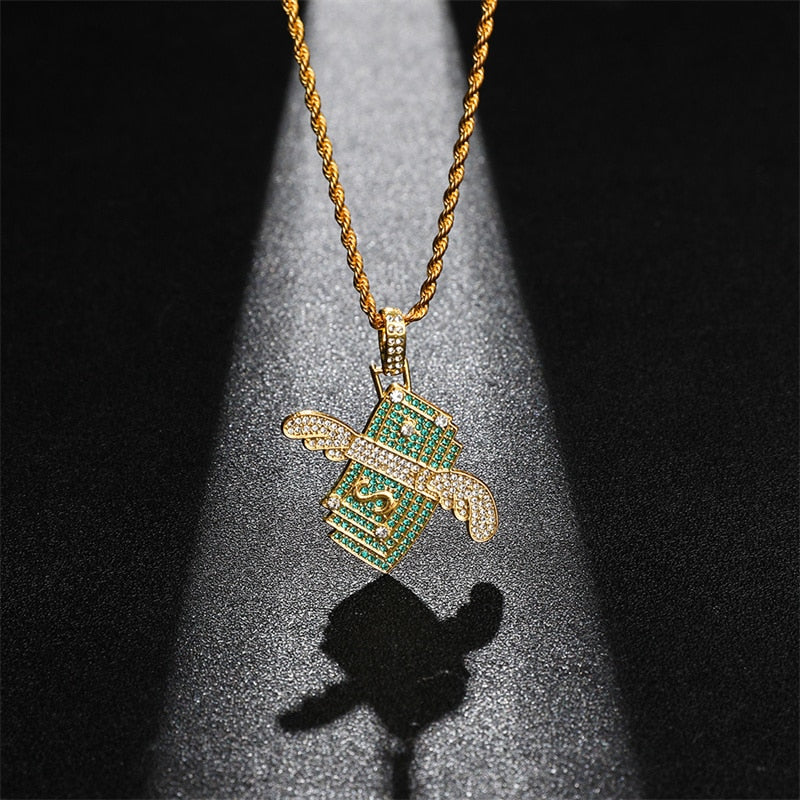 Flying Money Necklace Wings Cash Pendant Men&#39;s Jewelry Punk Hip Hop Rock Style Rap Dancer Handsome Guy Accessories Cool Gifts