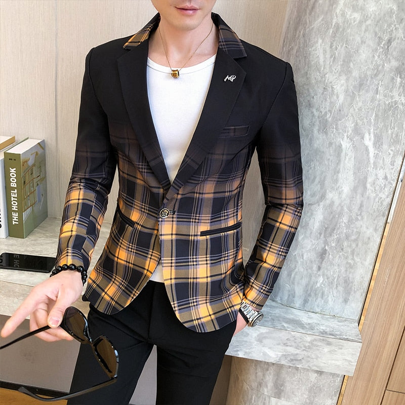 Men Blazer 2022 Spring New Colorblock Plaid Blazer Men Slim Casual Man Blazers Wedding Business Party Clothing Dress Men Coats