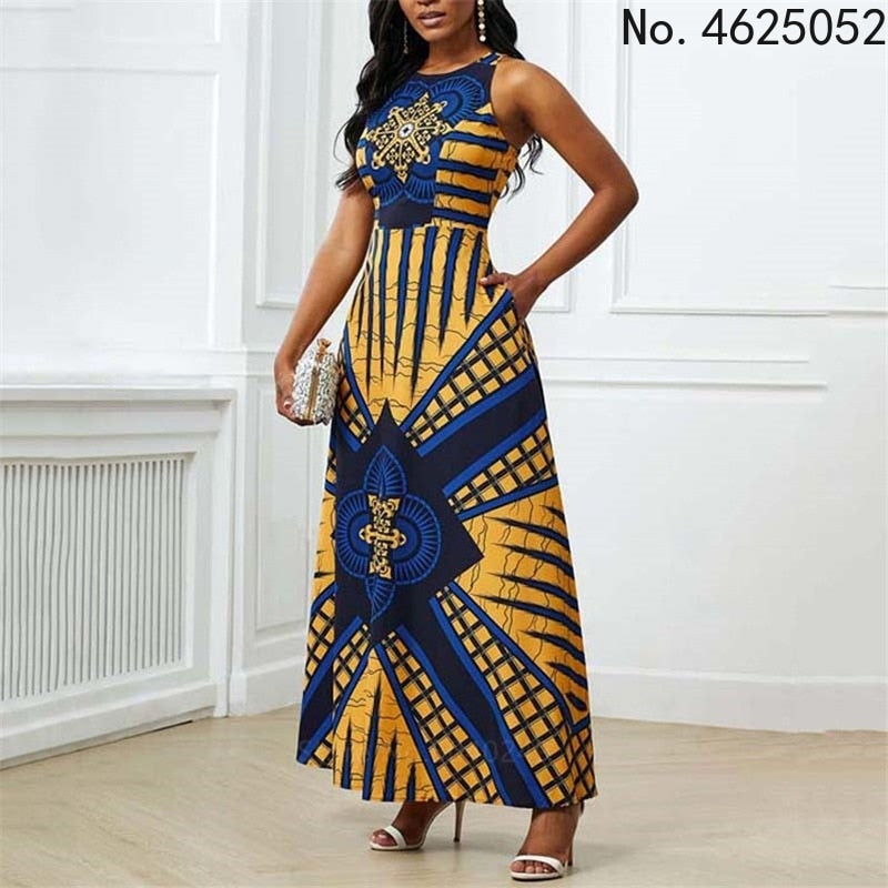 Clothes for Women Dashiki Print Dress European Clothing dress Bazin Rich Sleeveless Fashion Round Neck Maxi Vestido