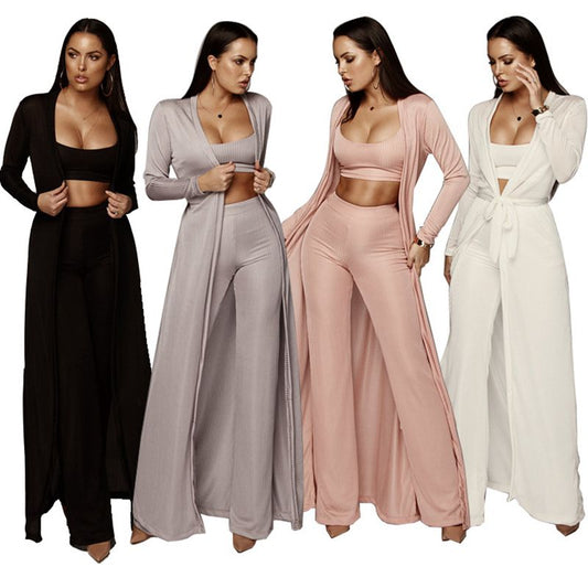 3 piece set women bandage lace up long sleeve cardigan coat loose wide leg pants tube top 3 piece set for female women&#39;s suits