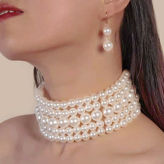 Fashion Multi-Layer Earrings Bridal Banquet Necklace Pearl