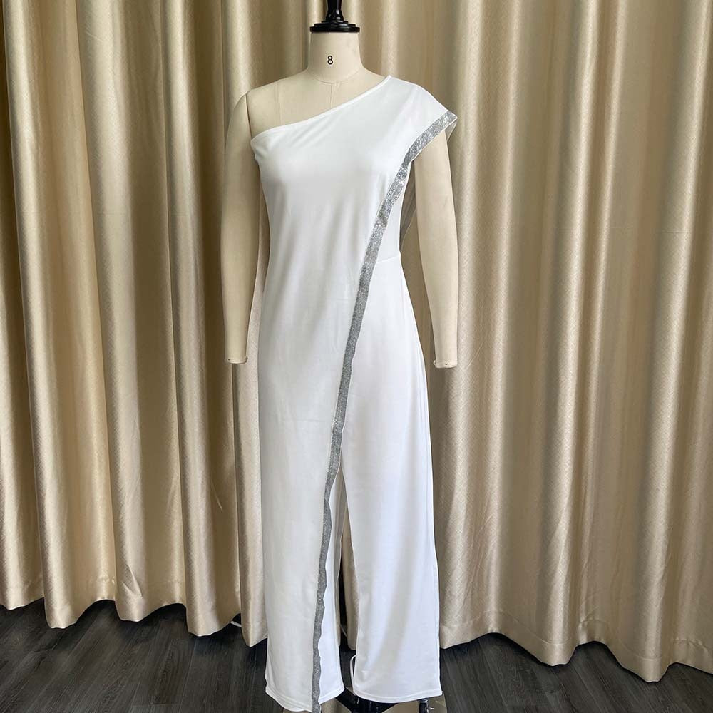 White One Shoulder Jumpsuits For Ladies Bodycon Floor Length Elegant 2022 Summer Evening Night Party Rompers &amp; Jumpsuits Clothes