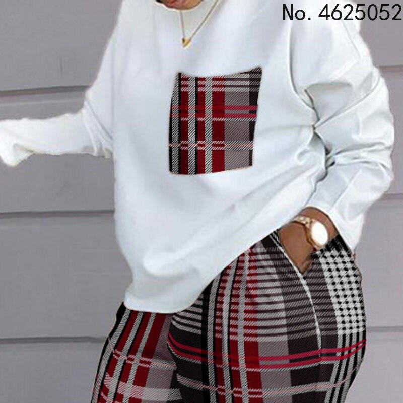 Women Spring Autumn Casual Loose 2 Piece Set Drawstring Design Pockets Plaid Print Long Sleeve Top Pants Set