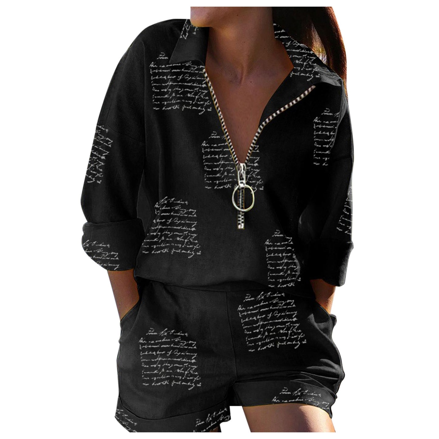 Long Sleeve Shirt &amp; Pocket Design Shorts Set Women&#39;s 2-piece Set