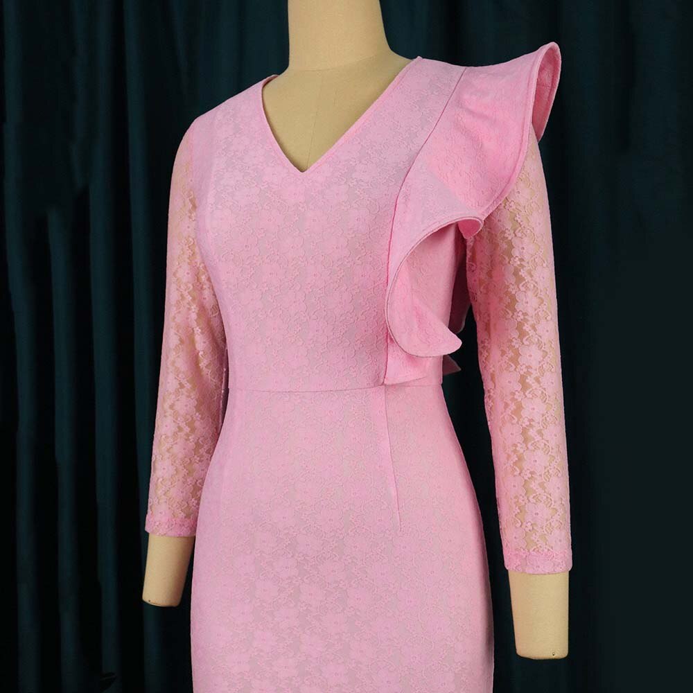 Luxury Designer Lace Dress for Women Pink Full Sleeve V Neck Bodycon Mermaid Elegant Wedding Birthday Party Vestidos Mujer Hot