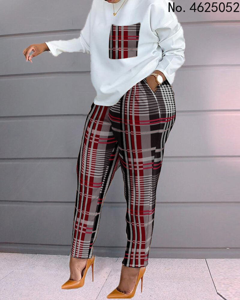 Women Spring Autumn Casual Loose 2 Piece Set Drawstring Design Pockets Plaid Print Long Sleeve Top &amp; Pants Set