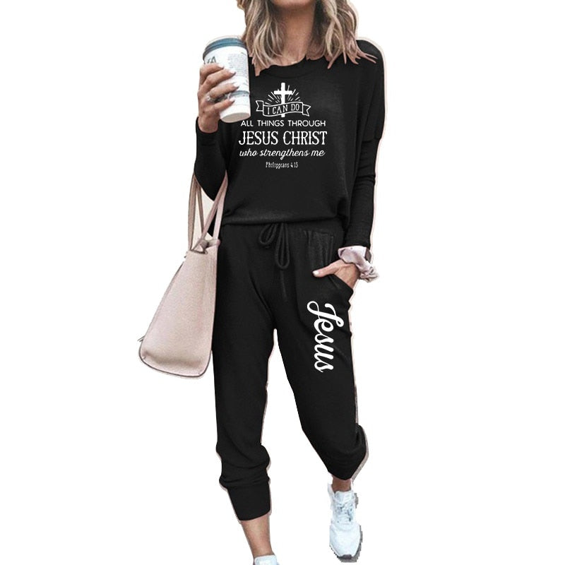 Women's Jesus Logo Tracksuit Set Sportswear Tracksuit Set Solid Color Long Sleeve Jogging Top + Pants (7 Colors) S-2XL