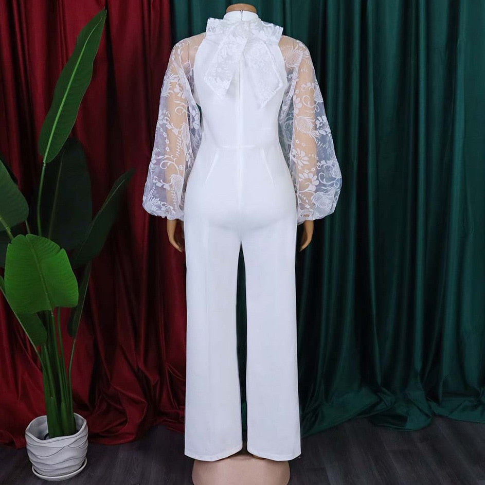 White Elegant Jumpsuits for Women Lantern Sleeve High Waisted Solid Fashion Office Ladies Formal Business Work Wear Overalls Hot