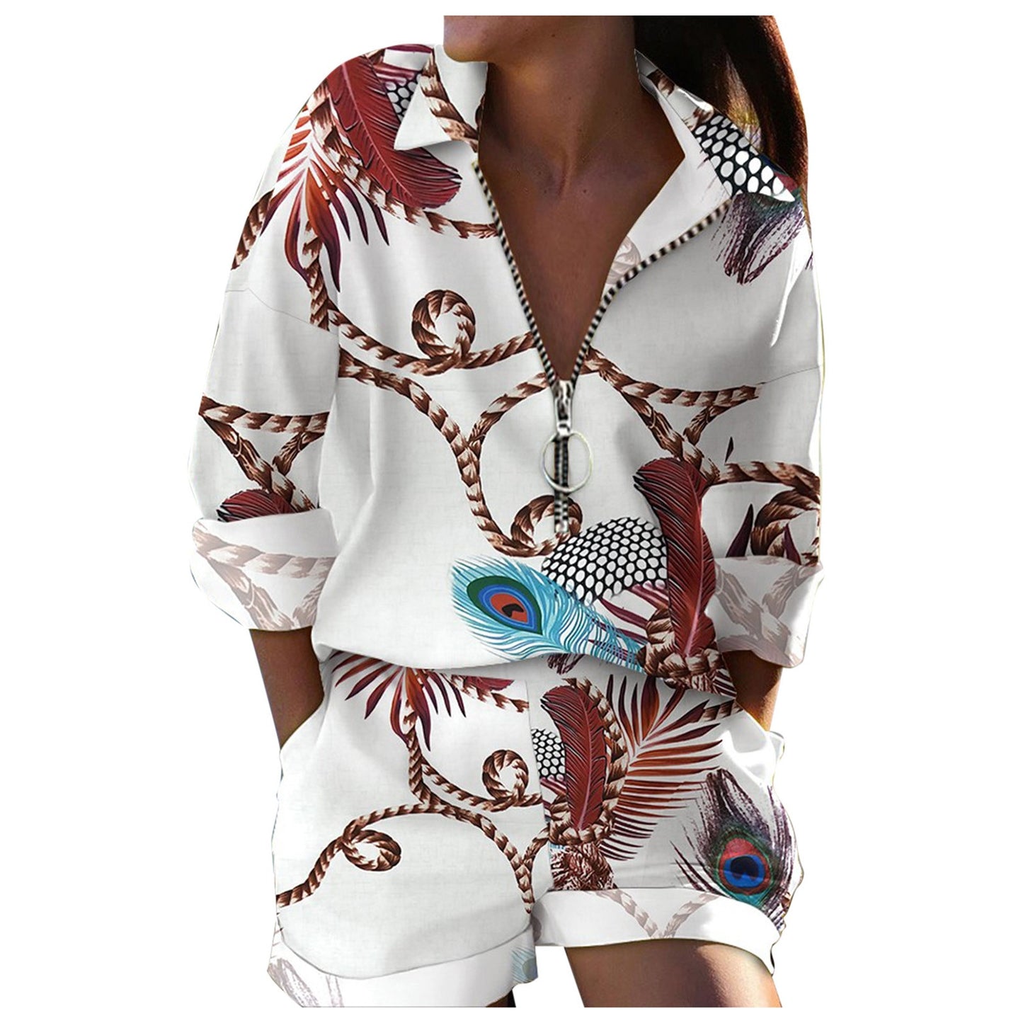 Long Sleeve Shirt &amp; Pocket Design Shorts Set Women&#39;s 2-piece Set