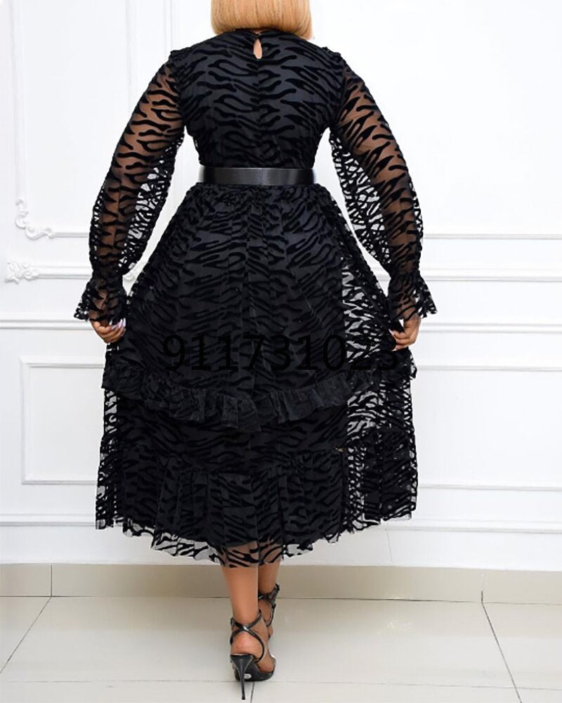 Women Dresses 2021 Plus Size Elegant Retro A Line Dress Long Sleeve See Through Mesh Velvet Party Prom Outfits for Spring Summer