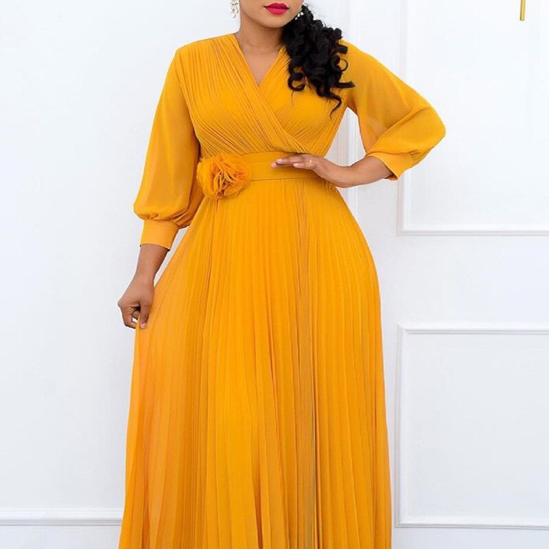 African Dress For Women Chiffon Maxi Dress African Clothes Robe Vintage Yellow Deep V Neck High Waist Pleated Party Dress Female