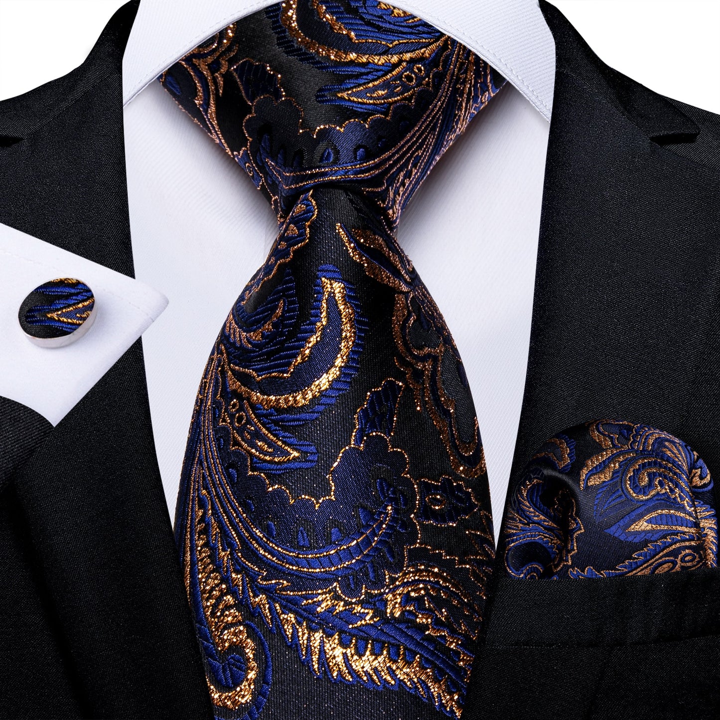 Men Tie Gold Blue Paisley Wedding Tie For Men Hanky Cufflinks Silk Men Tie Set Party Business Fashion DiBanGu Designer MJ-7249