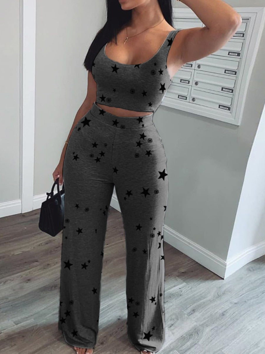 Women Two Piece Set Star Print Crop Short Tank &amp; Long Pants Suits O-neck Crop Top Sweatpants Women&#39;s Clothing Summer 2022