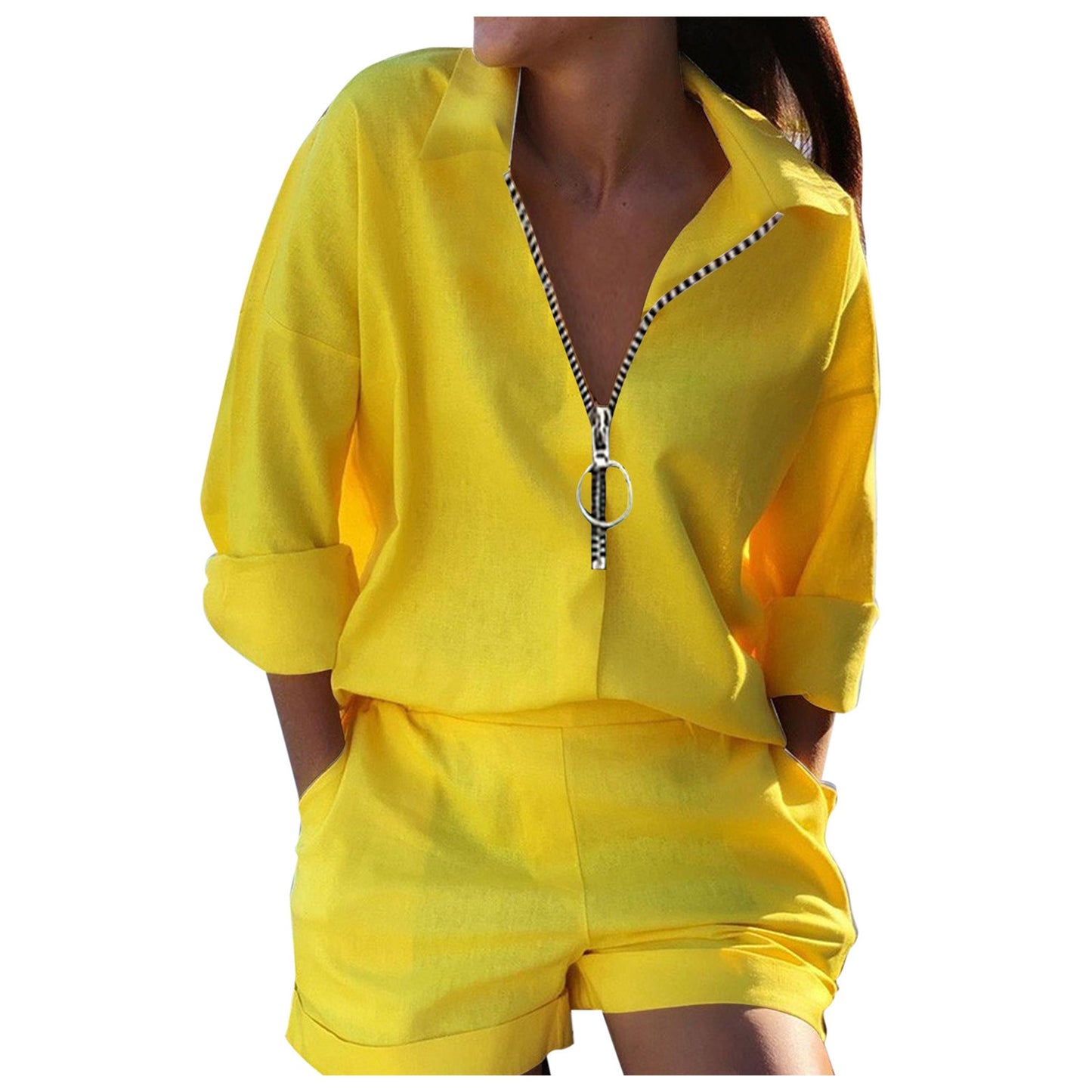 Long Sleeve Shirt &amp; Pocket Design Shorts Set Women&#39;s 2-piece Set