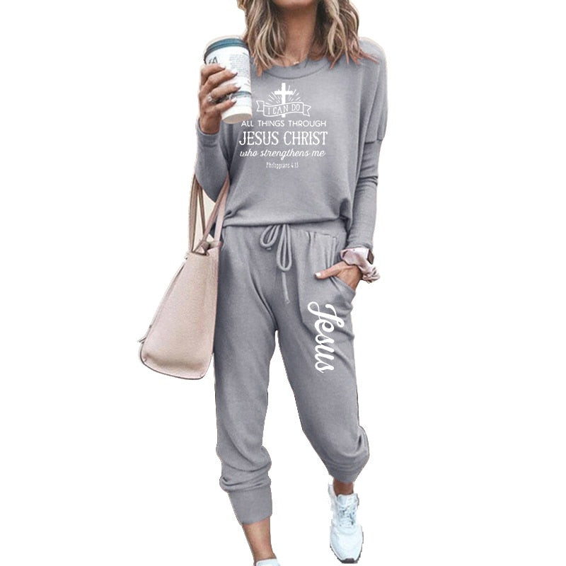 Women's Jesus Logo Tracksuit Set Sportswear Tracksuit Set Solid Color Long Sleeve Jogging Top + Pants (7 Colors) S-2XL