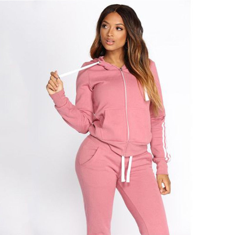 Fashion Ladies Autumn Winter Two Piece Sportswear Drawstring Design Hooded Fitness Women's Sportswear Casual Zipper Sports Suit