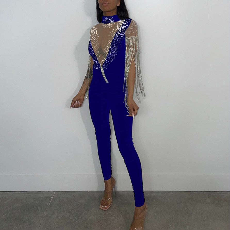 Sexy Jumpsuits 2022 New Arrivals Women Transparent Diamond Tassel High Waisted Elegant Evening Night Party Club Rompers Jumpsuit