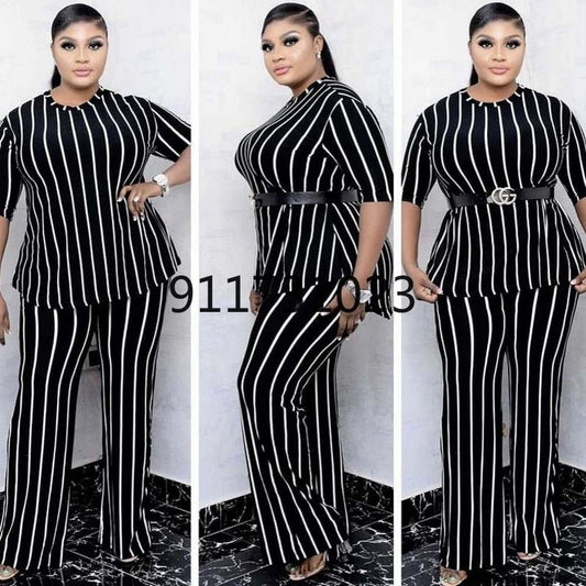 Striped African Clothes For Women 2 Piece Set T Shirt Tops And Pant Suits Fashion 3/4 Sleeve Casual African Office Lady Outfits