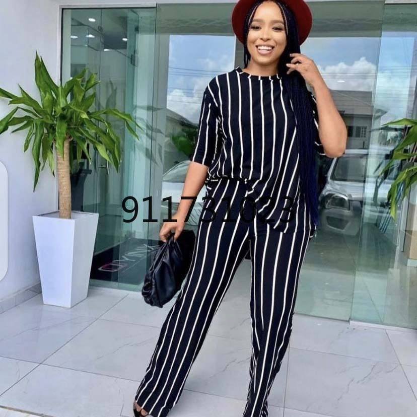 Striped African Clothes For Women 2 Piece Set T Shirt Tops And Pant Suits Fashion 3/4 Sleeve Casual African Office Lady Outfits