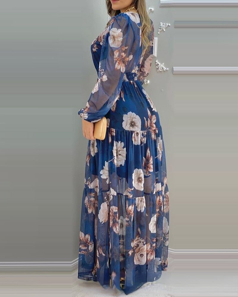 Women&#39;s 2021 New Summer Blue Printed Chiffon Dress-With Lining